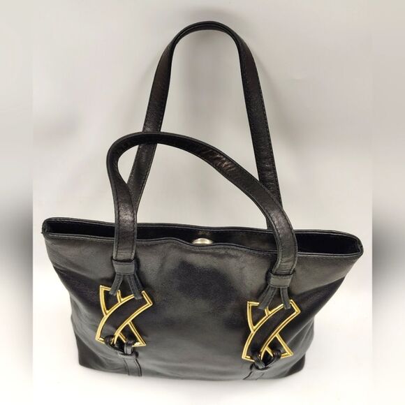 Paloma Picasso Vintage Black Leather Tote Bag Purse   w/Gold Accents - Picture 2 of 15
